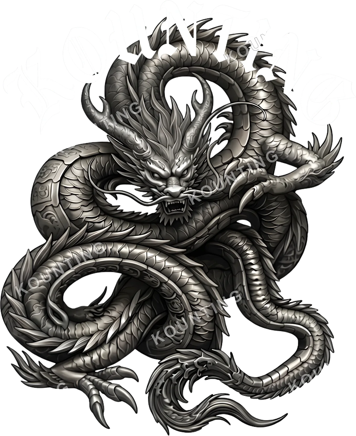 Estampa autoral de dragão oriental com lettering KOUNTING em branco
