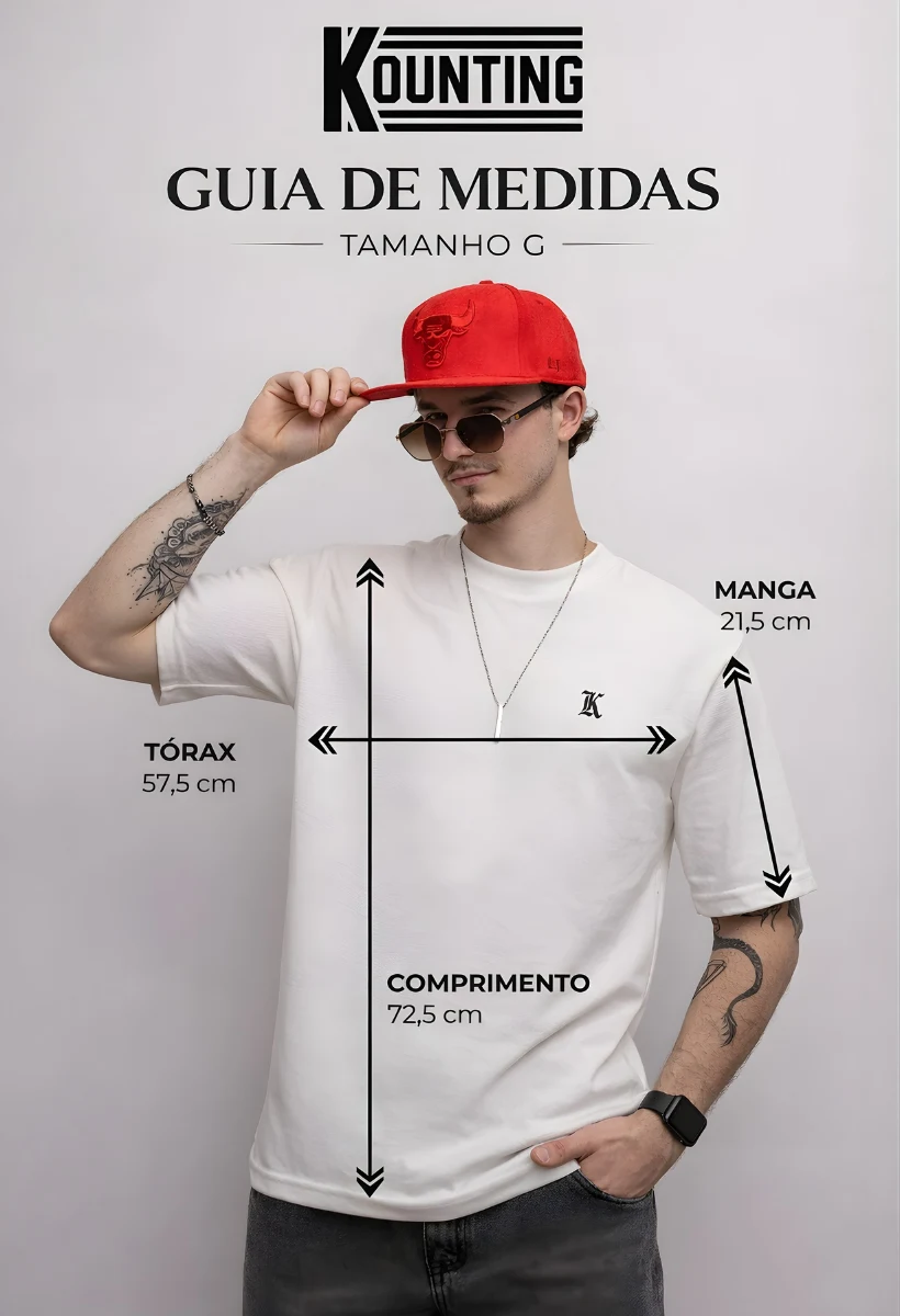 Guia de medidas oficial da linha Oversized Premium no tamanho M, com medidas de tórax, comprimento e manga
