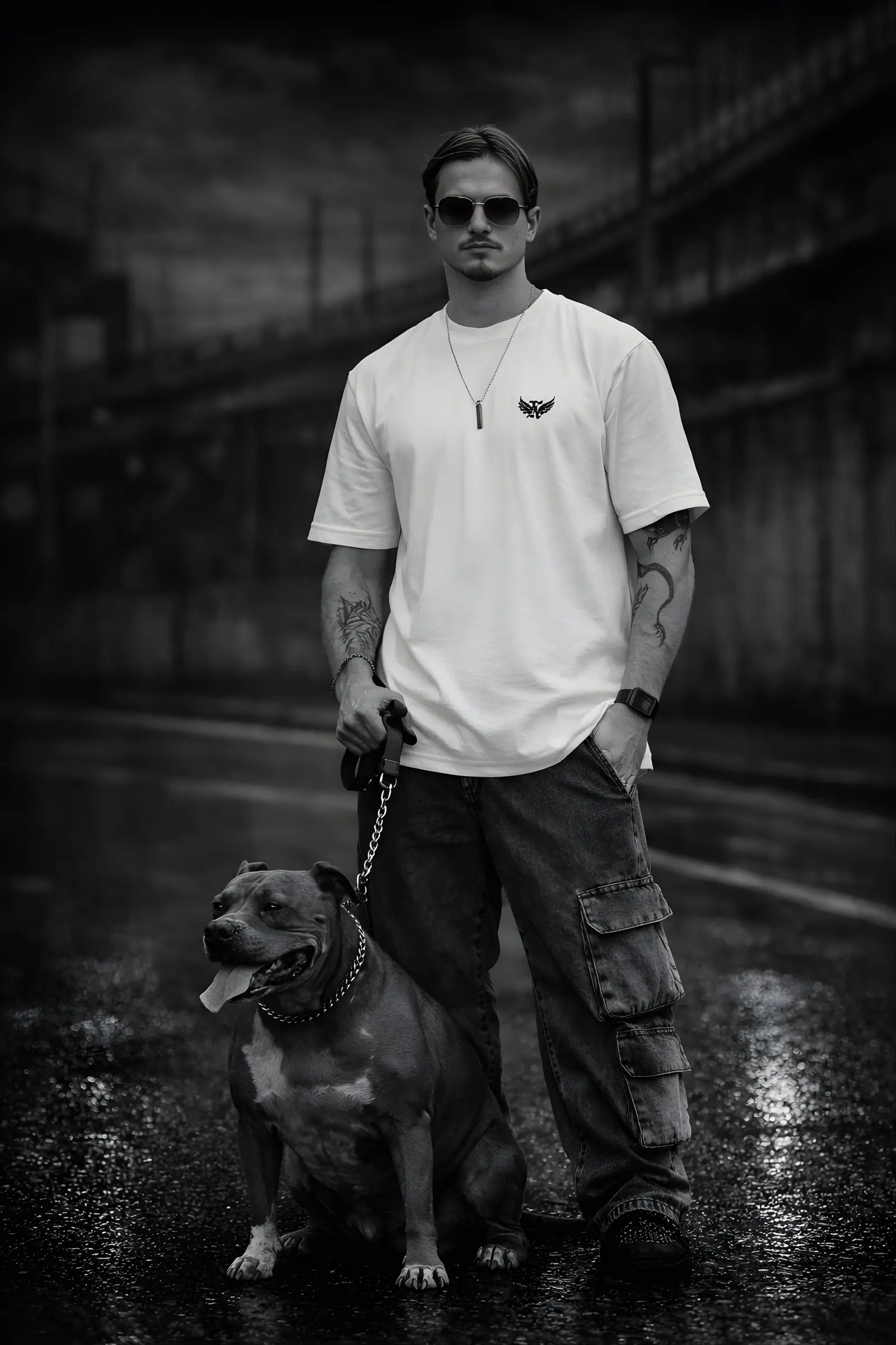Homem com pitbull vestindo camiseta branca da KOUNTING em rua escura