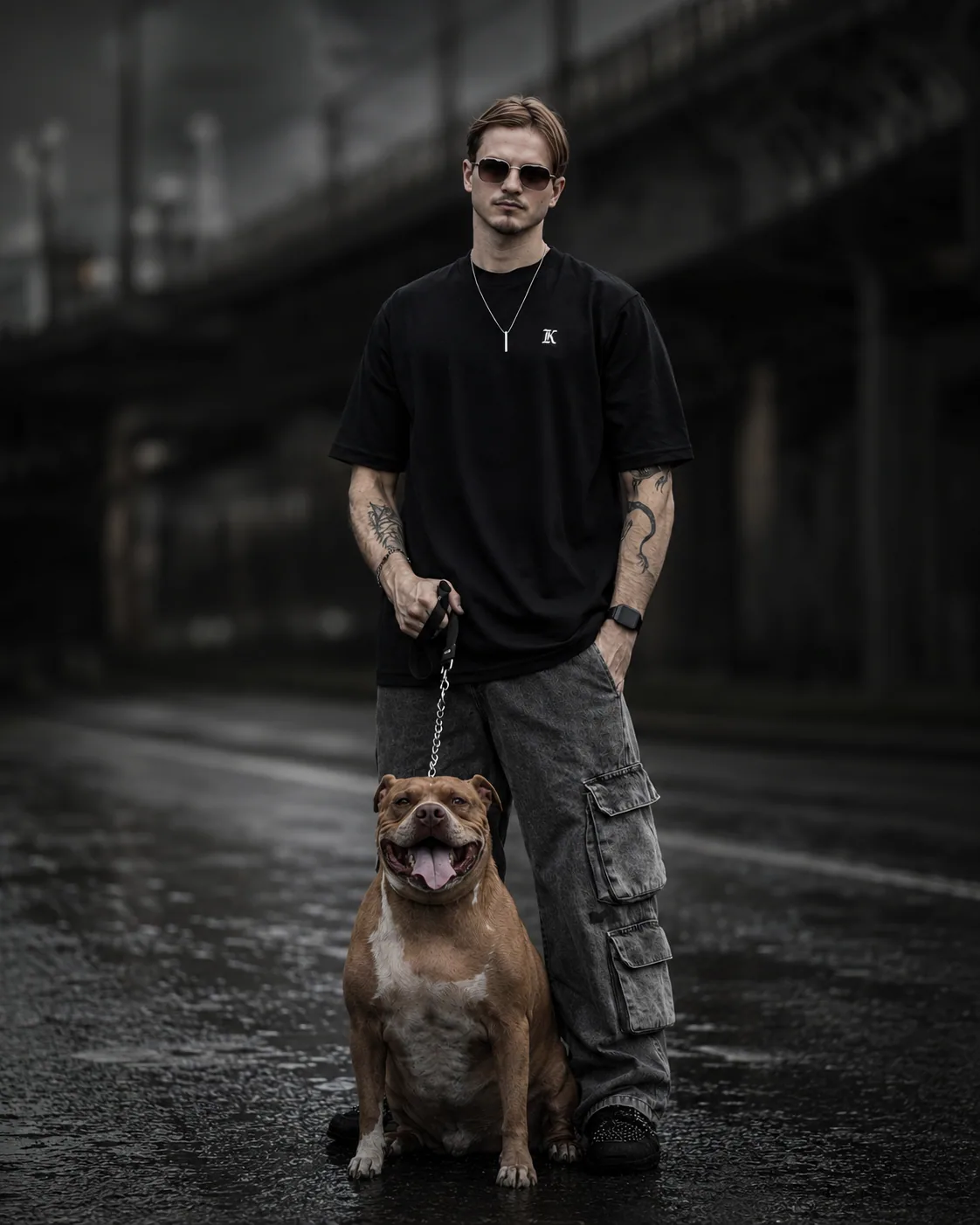 Homem de óculos escuros e camiseta oversized preta da KOUNTING segurando um pitbull na coleira em uma rua urbana escura
